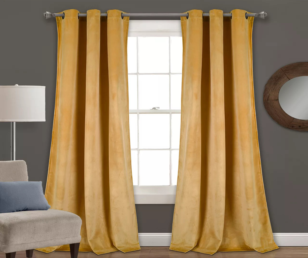 Prima Velvet Yellow Room-Darkening Grommet Curtain Panel Pair, (84") 3 Prima Velvet Yellow Room-Darkening Grommet Curtain Panel Pair, (84")