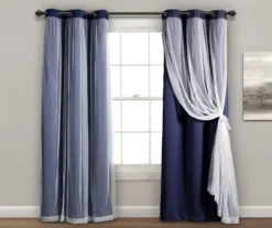 Lush Navy Blackout Grommet Curtain Panel Pair With Sheer Overlay, (84")