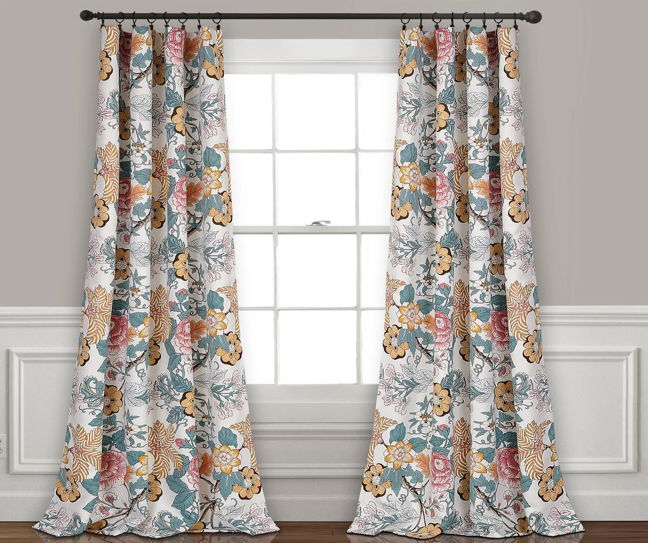 Sydney Blue & Yellow Floral Room-Darkening Rod Pocket Curtain Panel Pair, (84") 3 Sydney Blue & Yellow Floral Room-Darkening Rod Pocket Curtain Panel Pair, (84")