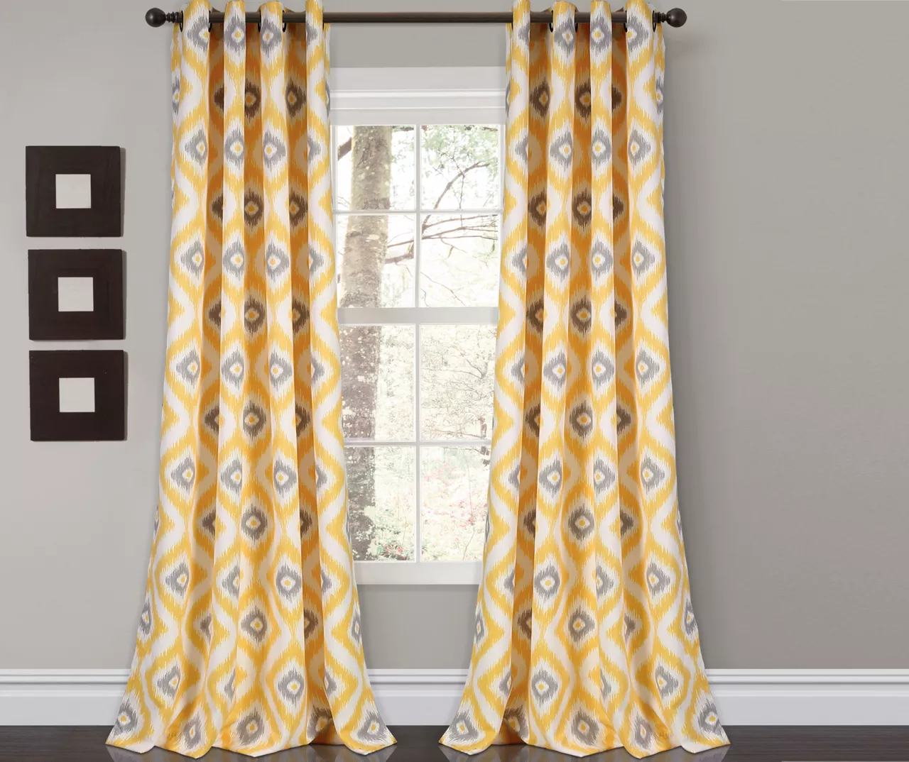 Diamond Ikat Yellow & Gray Room-Darkening Grommet Curtain Panel Pair, (84") 3 Diamond Ikat Yellow & Gray Room-Darkening Grommet Curtain Panel Pair, (84")