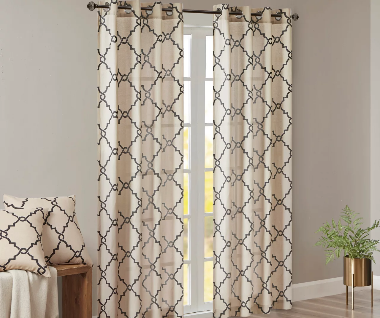 Sereno Fretwork Khaki Light-Filtering Grommet Curtain Panel, (84") 4 Sereno Fretwork Khaki Light-Filtering Grommet Curtain Panel, (84") - Image 2