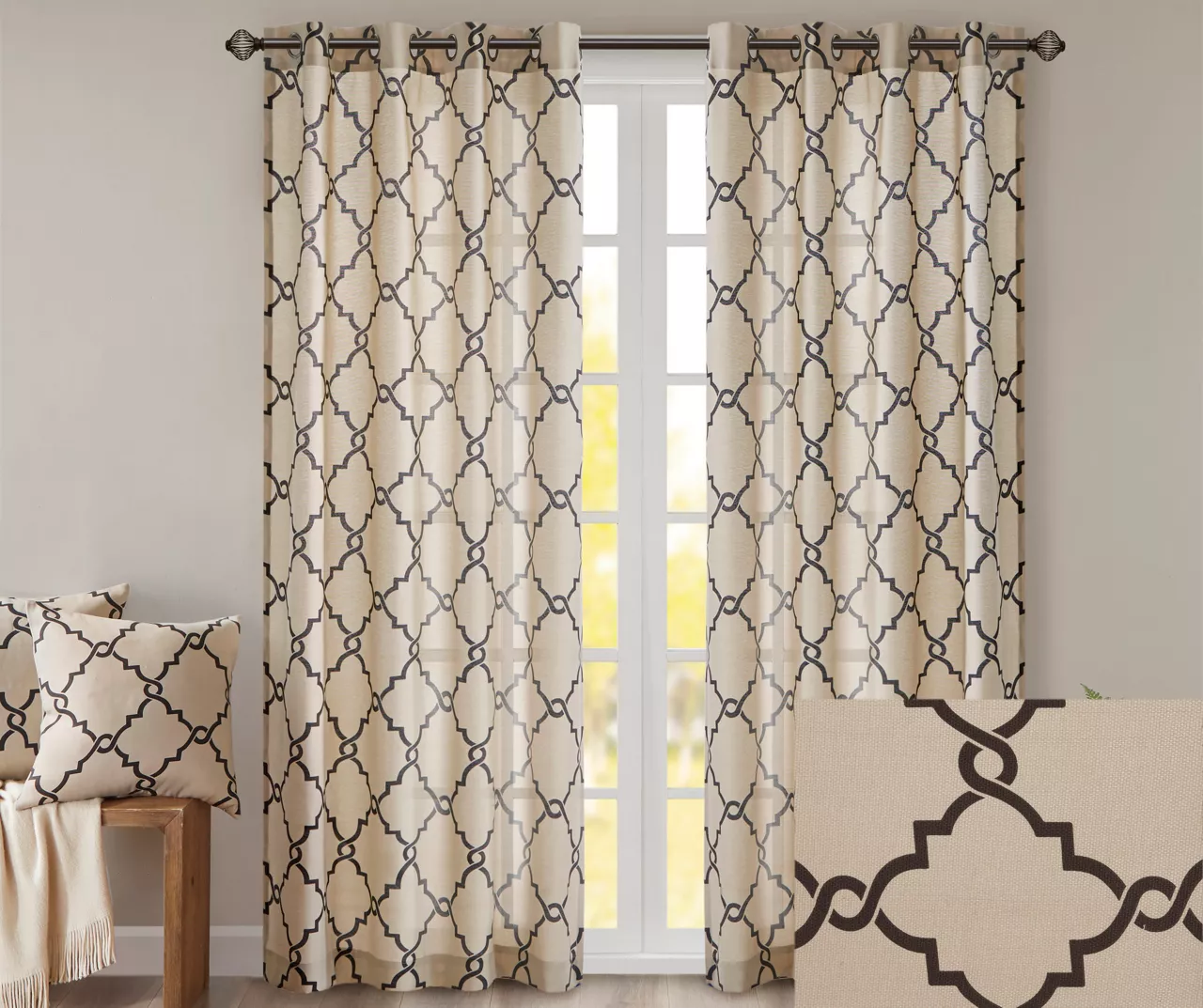 Sereno Fretwork Khaki Light-Filtering Grommet Curtain Panel, (84") 5 Sereno Fretwork Khaki Light-Filtering Grommet Curtain Panel, (84") - Image 3