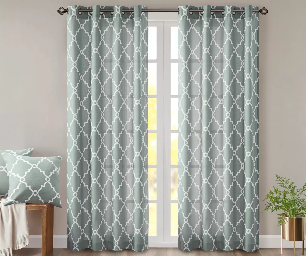 Sereno Fretwork Seafoam Light-Filtering Grommet Curtain Panel, (95") 3 Sereno Fretwork Seafoam Light-Filtering Grommet Curtain Panel, (95")