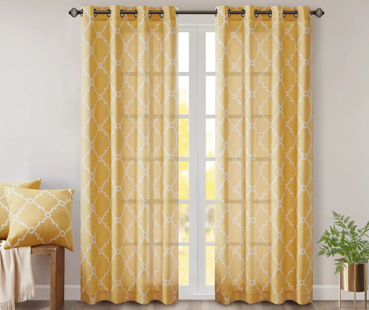 Sereno Fretwork Yellow Light-Filtering Grommet Curtain Panel, (63") 3 Sereno Fretwork Yellow Light-Filtering Grommet Curtain Panel, (63")