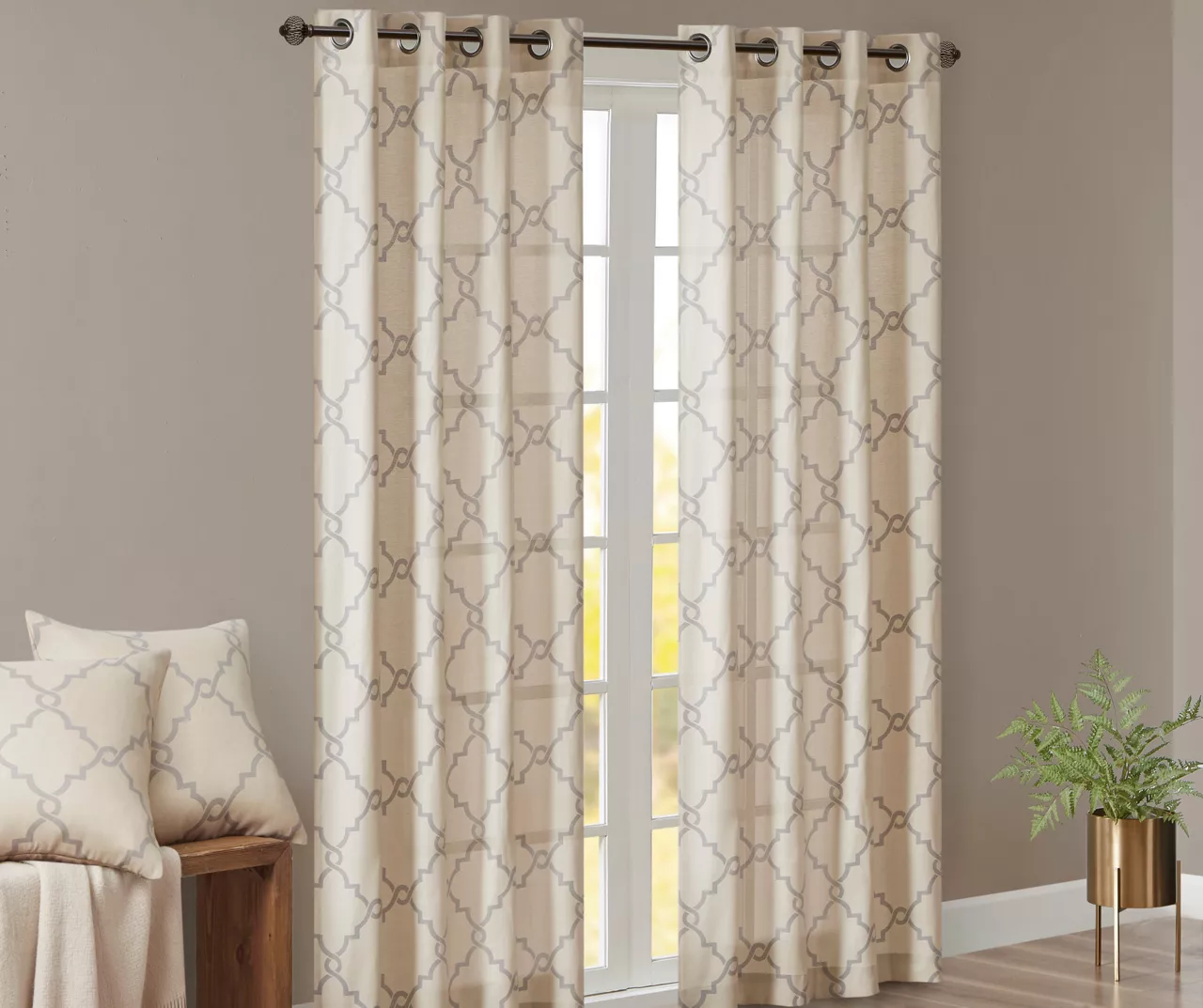 Sereno Fretwork Beige Light-Filtering Grommet Curtain Panel, (84") 4 Sereno Fretwork Beige Light-Filtering Grommet Curtain Panel, (84") - Image 2
