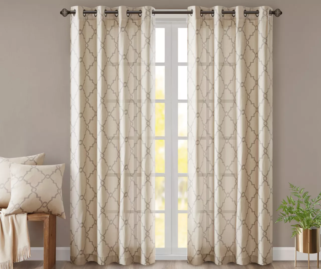 Sereno Fretwork Beige Light-Filtering Grommet Curtain Panel, (84") 3 Sereno Fretwork Beige Light-Filtering Grommet Curtain Panel, (84")