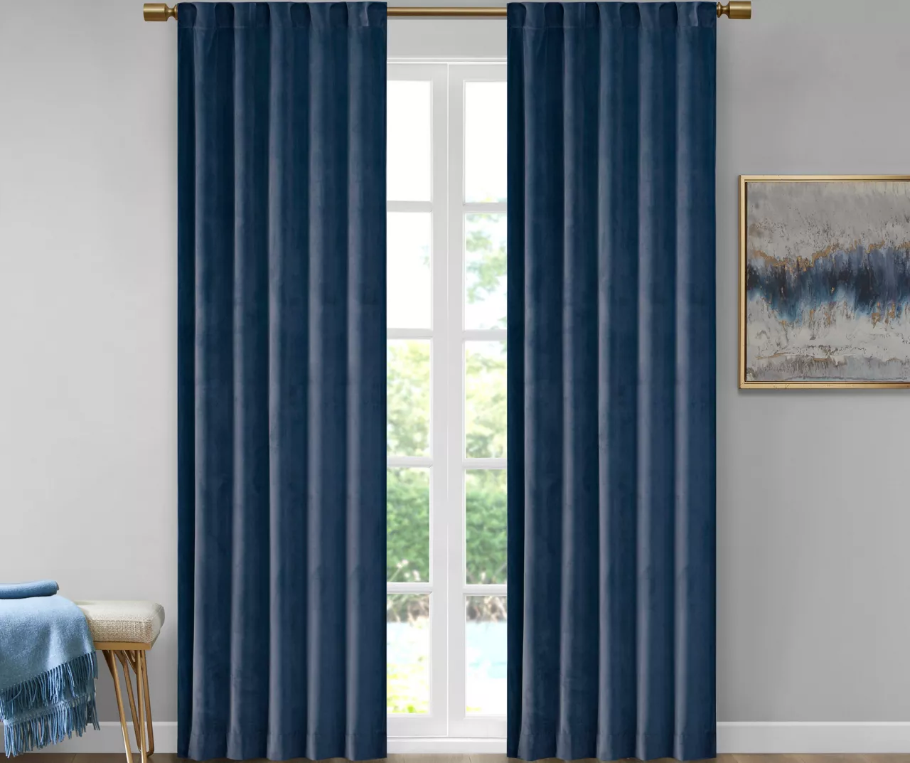 Bryce Velvet Navy Room-Darkening Rod Pocket Curtain Panel Pair, (63") 3 Bryce Velvet Navy Room-Darkening Rod Pocket Curtain Panel Pair, (63")