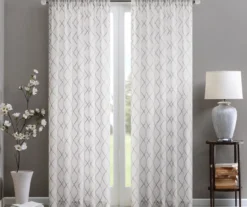 Clarissa Diamond White & Gray Sheer Rod Pocket Curtain Panel, (95")