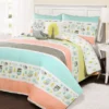 Coral & Turquoise Owl Stripe Full/Queen 5-Piece Quilt Set -Cheap Home Store 810552920