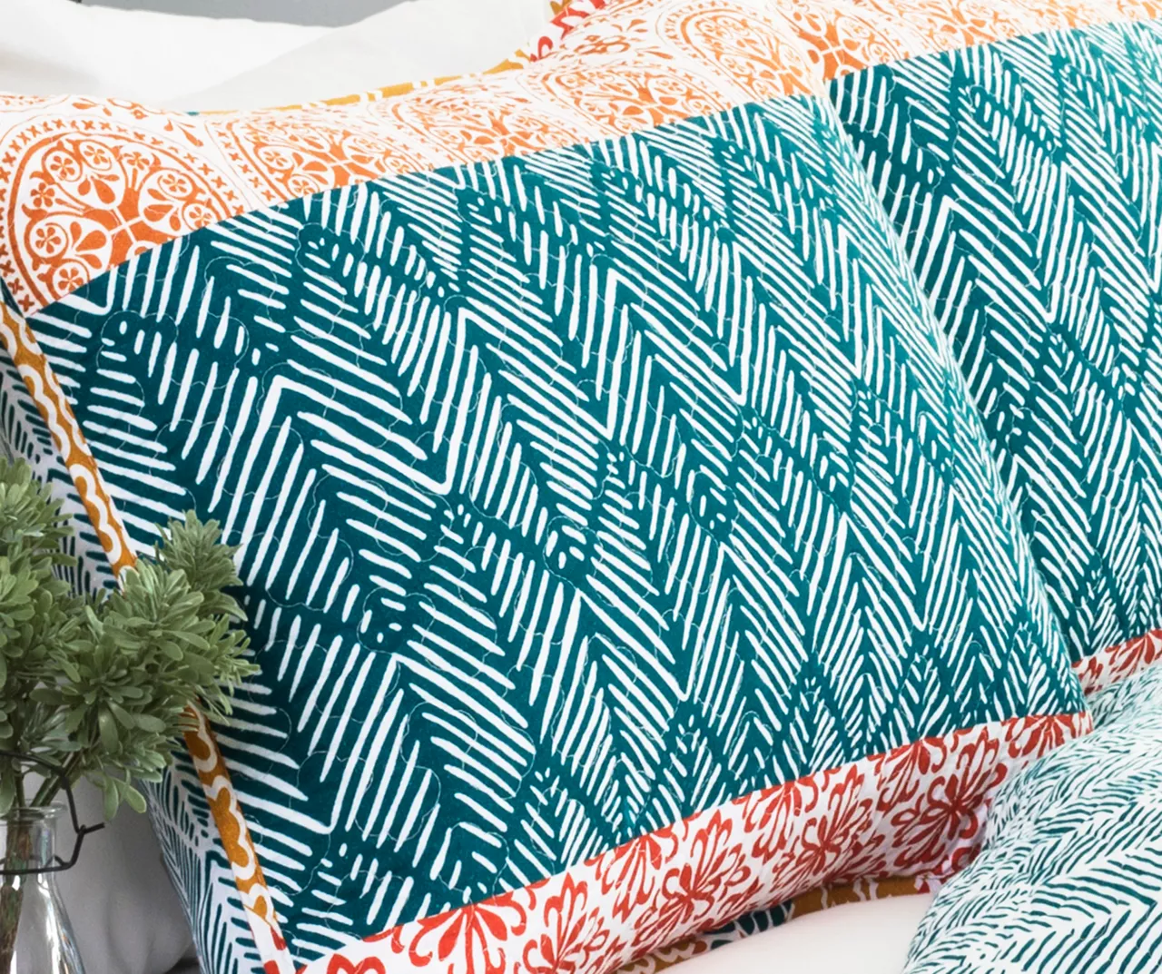 Turquoise & Orange Bohemian Pattern Stripe Full/Queen 3-Piece Quilt Set 4 Turquoise & Orange Bohemian Pattern Stripe Full/Queen 3-Piece Quilt Set - Image 2