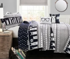 Navy & White Llama Pattern Block Full/Queen 5-Piece Quilt Set