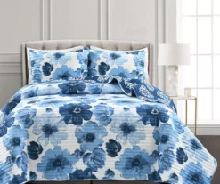 Leah White & Navy Floral Reversible Full/Queen 3-Piece Quilt Set