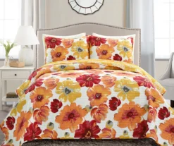 Leah Red & Orange Floral King 3-Piece Quilt Set