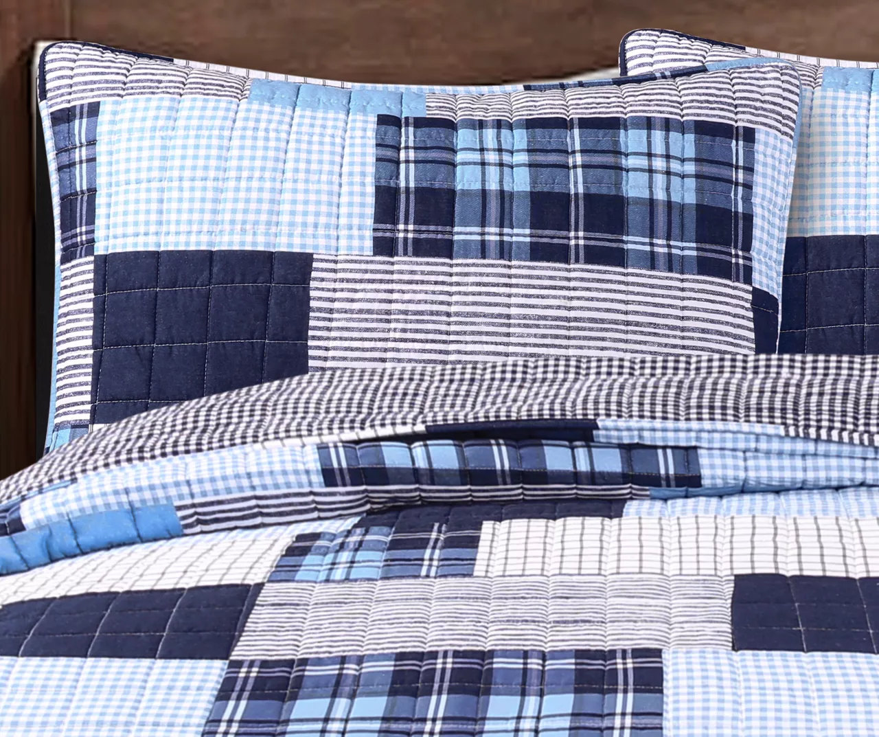 Greenville Navy & Blue Plaid Patchwork Full/Queen 3-Piece Quilt Set 4 Greenville Navy & Blue Plaid Patchwork Full/Queen 3-Piece Quilt Set - Image 2