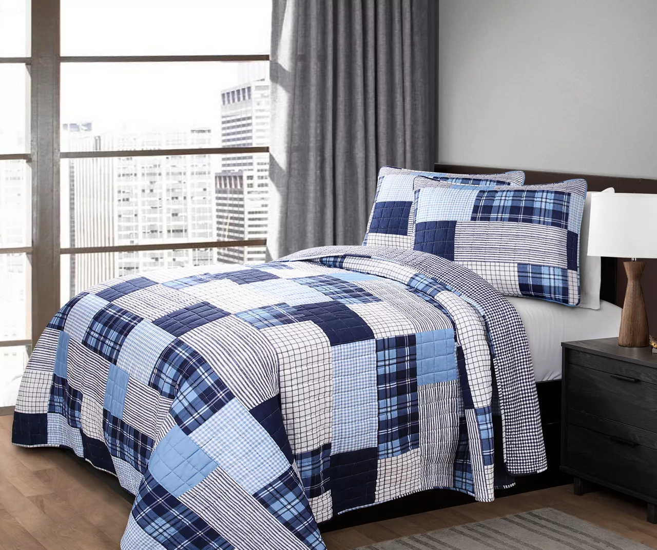 Greenville Navy & Blue Plaid Patchwork Full/Queen 3-Piece Quilt Set 5 Greenville Navy & Blue Plaid Patchwork Full/Queen 3-Piece Quilt Set - Image 3