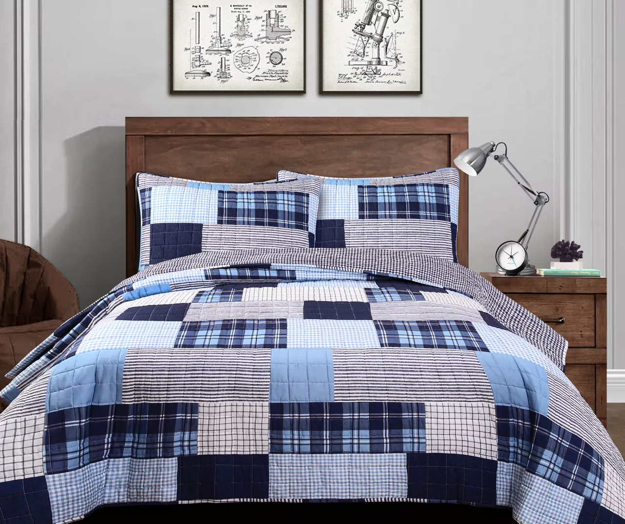 Greenville Navy & Blue Plaid Patchwork Full/Queen 3-Piece Quilt Set 3 Greenville Navy & Blue Plaid Patchwork Full/Queen 3-Piece Quilt Set