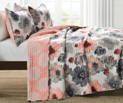 Leah Coral & Gray Floral Reversible King 3-Piece Quilt Set -Cheap Home Store 810553412 11