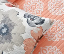 Leah Coral & Gray Floral Reversible King 3-Piece Quilt Set -Cheap Home Store 810553412 41