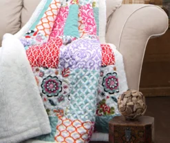 Purple & Turquoise Patterned Patchwork Brookdale Quilted Sherpa Throw, (50" X 60")
