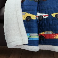 Navy Multicolor Race Cars Quilted Sherpa Throw, (50" X 60") -Cheap Home Store 810553484 1