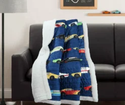 Navy Multicolor Race Cars Quilted Sherpa Throw, (50" X 60") -Cheap Home Store 810553484