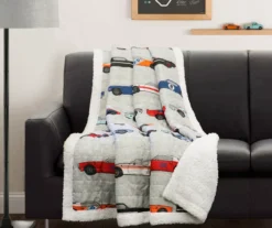 Beige Multicolor Race Cars Quilted Sherpa Throw, (50" X 60") -Cheap Home Store 810553485