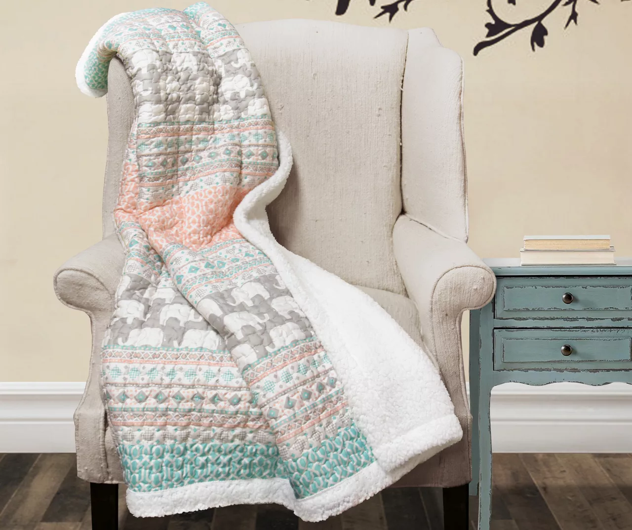 Turquoise & Pink Elephant Stripe Quilted Sherpa Throw, (50" X 60") 3 Turquoise & Pink Elephant Stripe Quilted Sherpa Throw, (50" X 60")