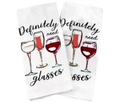 "Definitely Need Glasses" White & Red Wineglass Kitchen Towel, 2-Pack