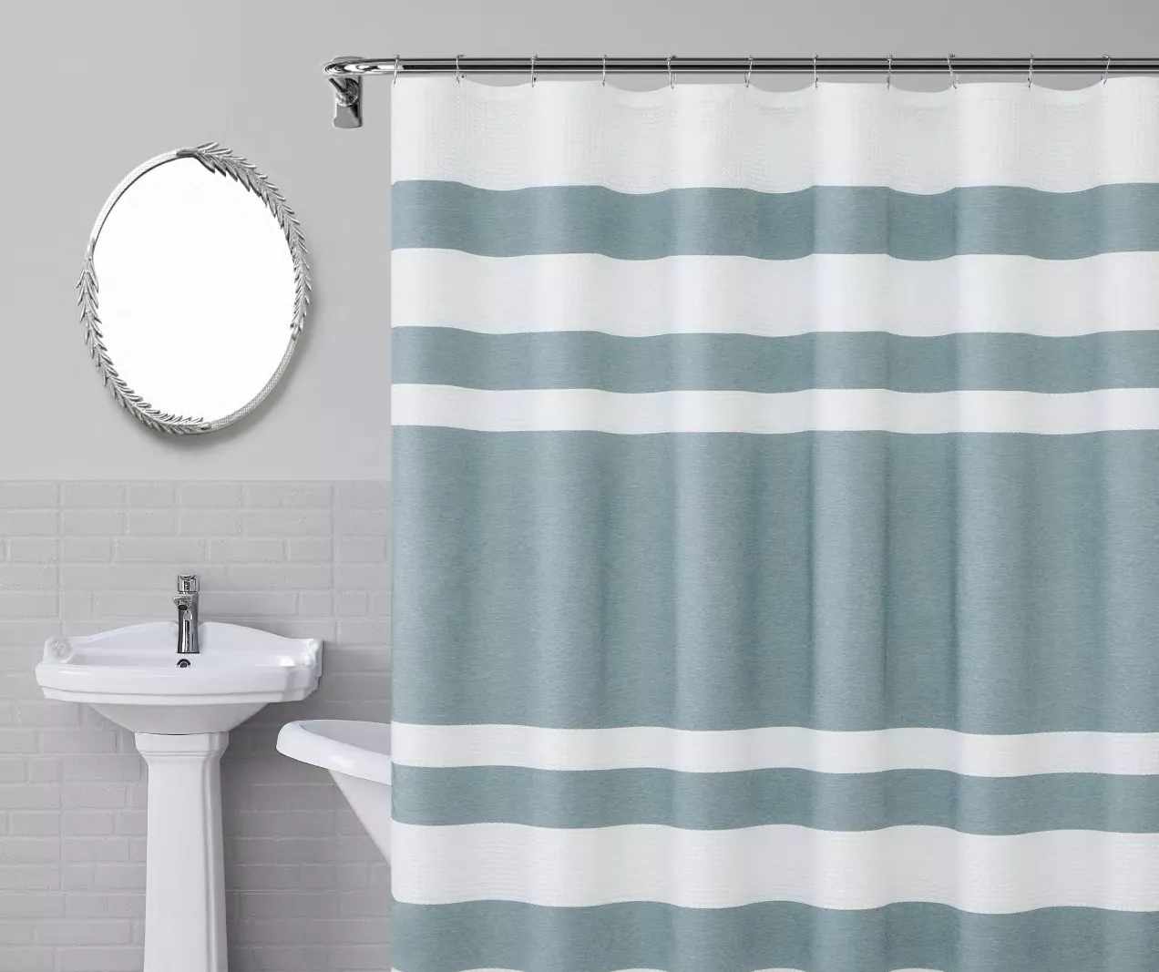 Slate Blue & White Color Block Waffle-Knit Fabric Shower Curtain 3 Slate Blue & White Color Block Waffle-Knit Fabric Shower Curtain