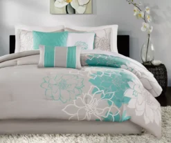 Jane Aqua & Gray Floral Queen 7-Piece Comforter Set