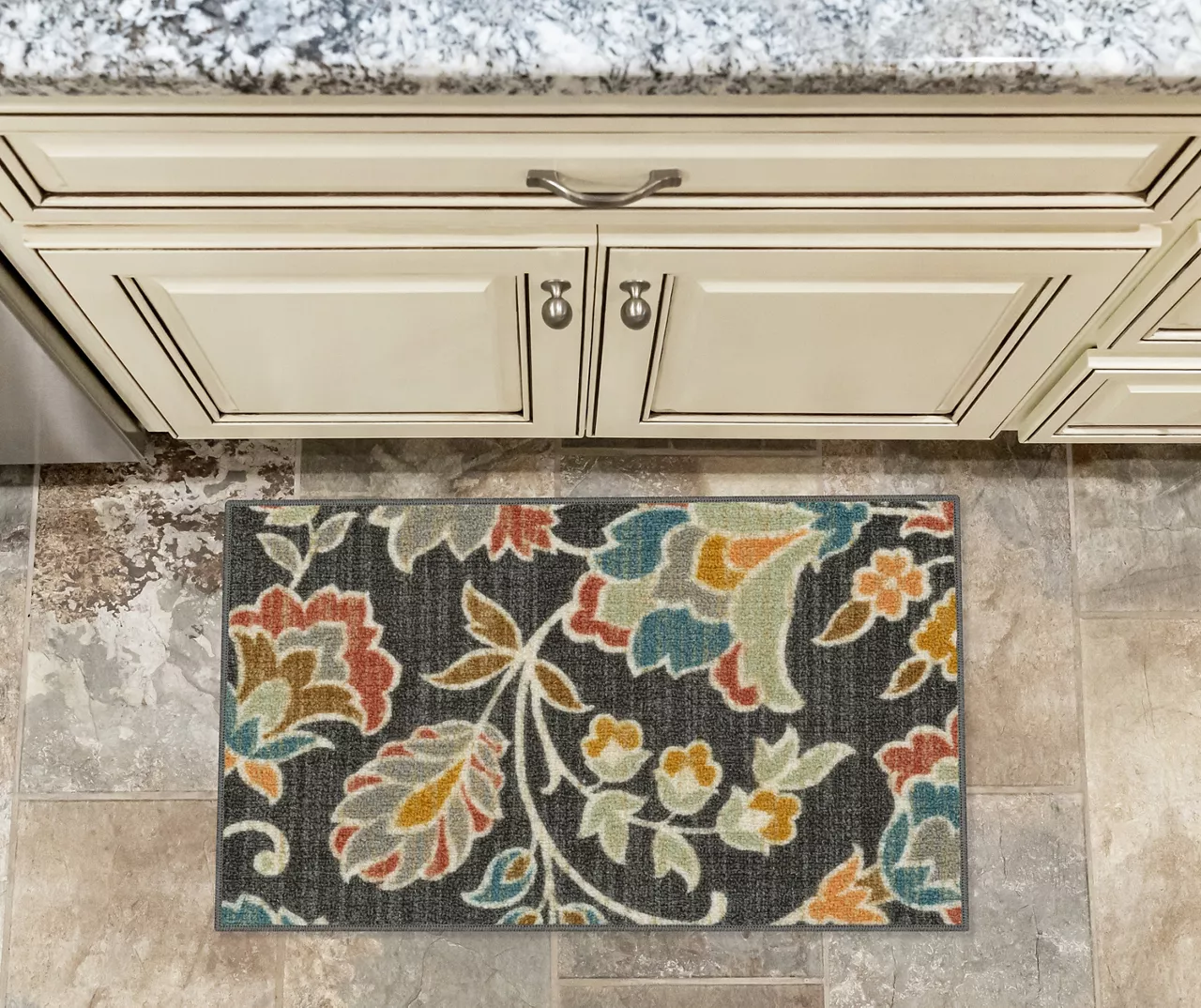 Mynah Gray & Mustard Floral Kitchen Rug, (30" X 18") 4 Mynah Gray & Mustard Floral Kitchen Rug, (30" X 18") - Image 2