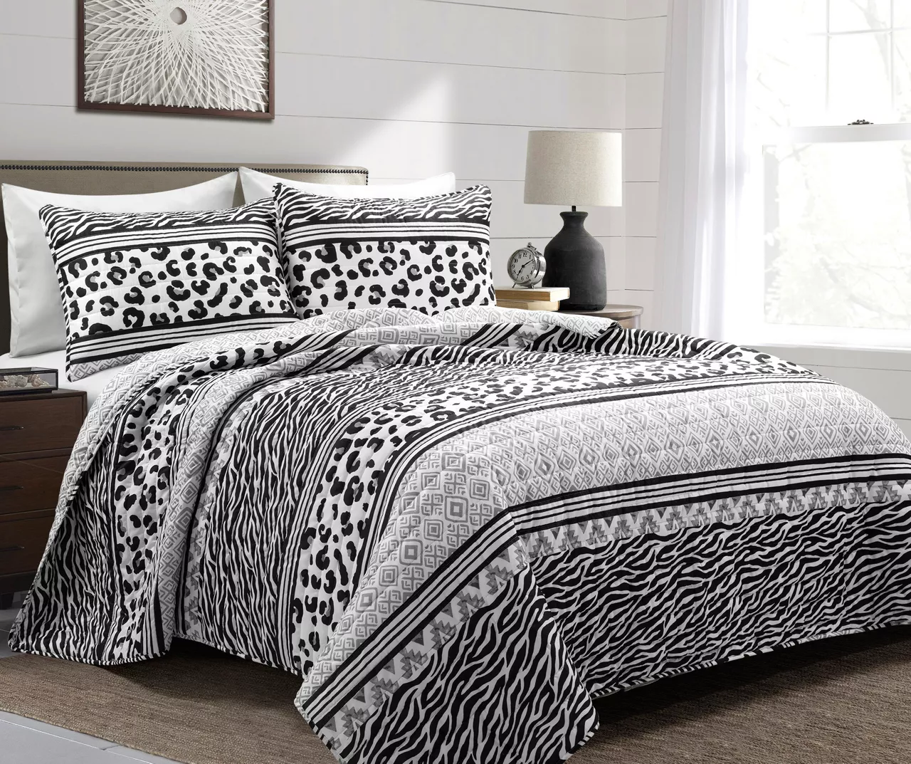 Lush Decor Black & White Animal Print Pattern Block Reversible Quilt Set 3 Lush Decor Black & White Animal Print Pattern Block Reversible Quilt Set