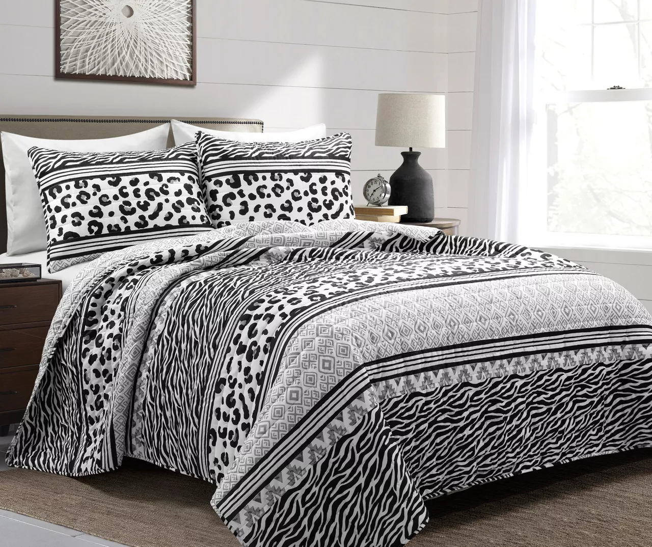 Lush Decor Black & White Animal Print Pattern Block Reversible Quilt Set 4 Lush Decor Black & White Animal Print Pattern Block Reversible Quilt Set - Image 2