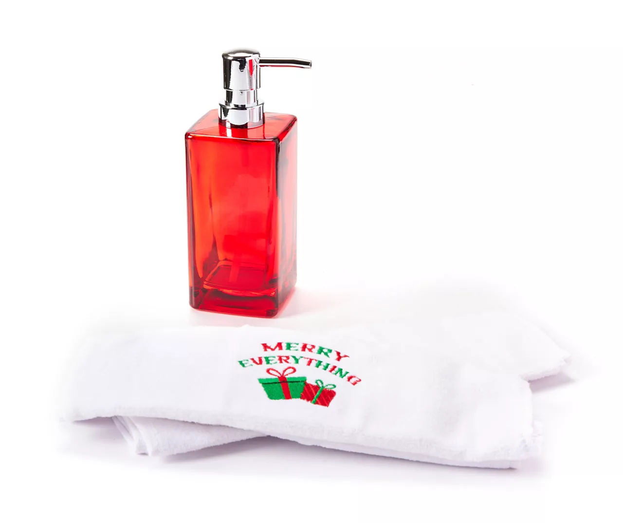"Merry Everything" Red & White Gifts 3-Piece Soap Pump & Towel Set 5 "Merry Everything" Red & White Gifts 3-Piece Soap Pump & Towel Set - Image 3
