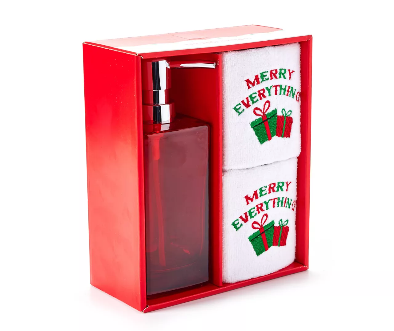 "Merry Everything" Red & White Gifts 3-Piece Soap Pump & Towel Set 4 "Merry Everything" Red & White Gifts 3-Piece Soap Pump & Towel Set - Image 2
