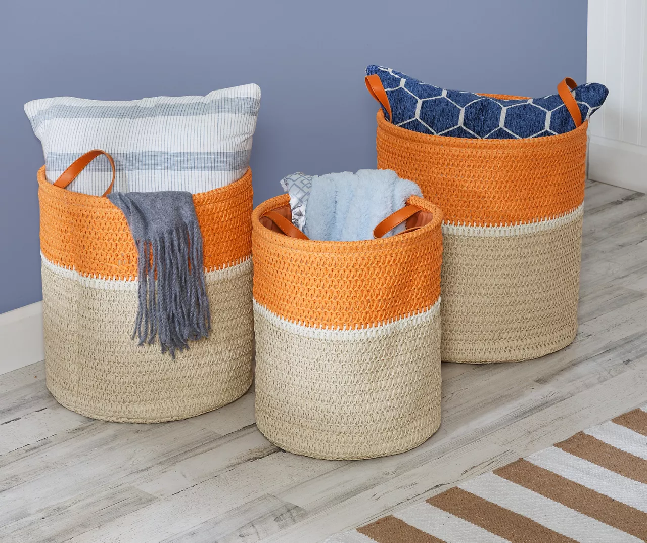 Natural & Orange 3-Piece Paper Straw Nesting Storage Basket Set 9 Natural & Orange 3-Piece Paper Straw Nesting Storage Basket Set - Image 7